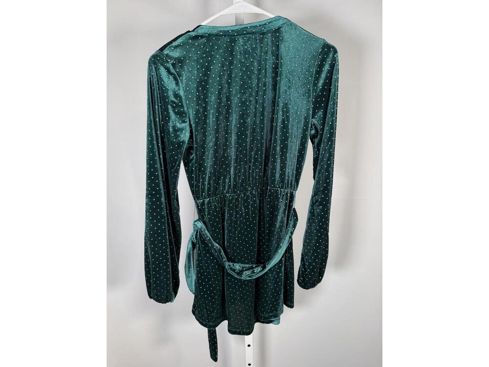 NWT Colleen Lopez Green Velvet Studded Belted Peplum Blouse Size XXS - Picture 3 of 6